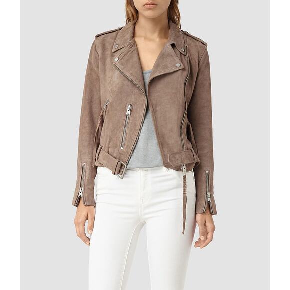 ALLSAINTS Plait Balfern Suede Biker Jacket Womens 6 Burgundy Maroon Moto Zip - Picture 2 of 16